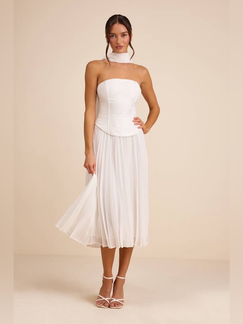 Lulus Laubrey White Floral Jacquard Midi Dress and Scarf Set medium as is***